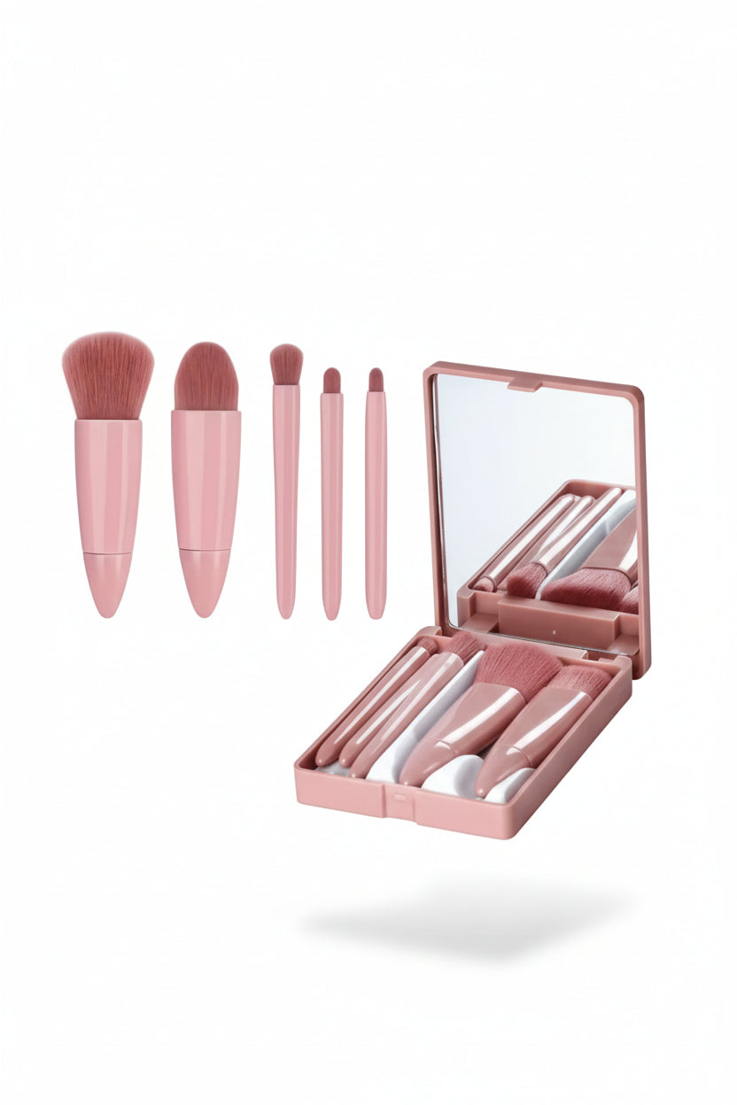 Mini Espelho De Maquiagem Portátil Com 5 Pcs Pincéis De Maquiagem